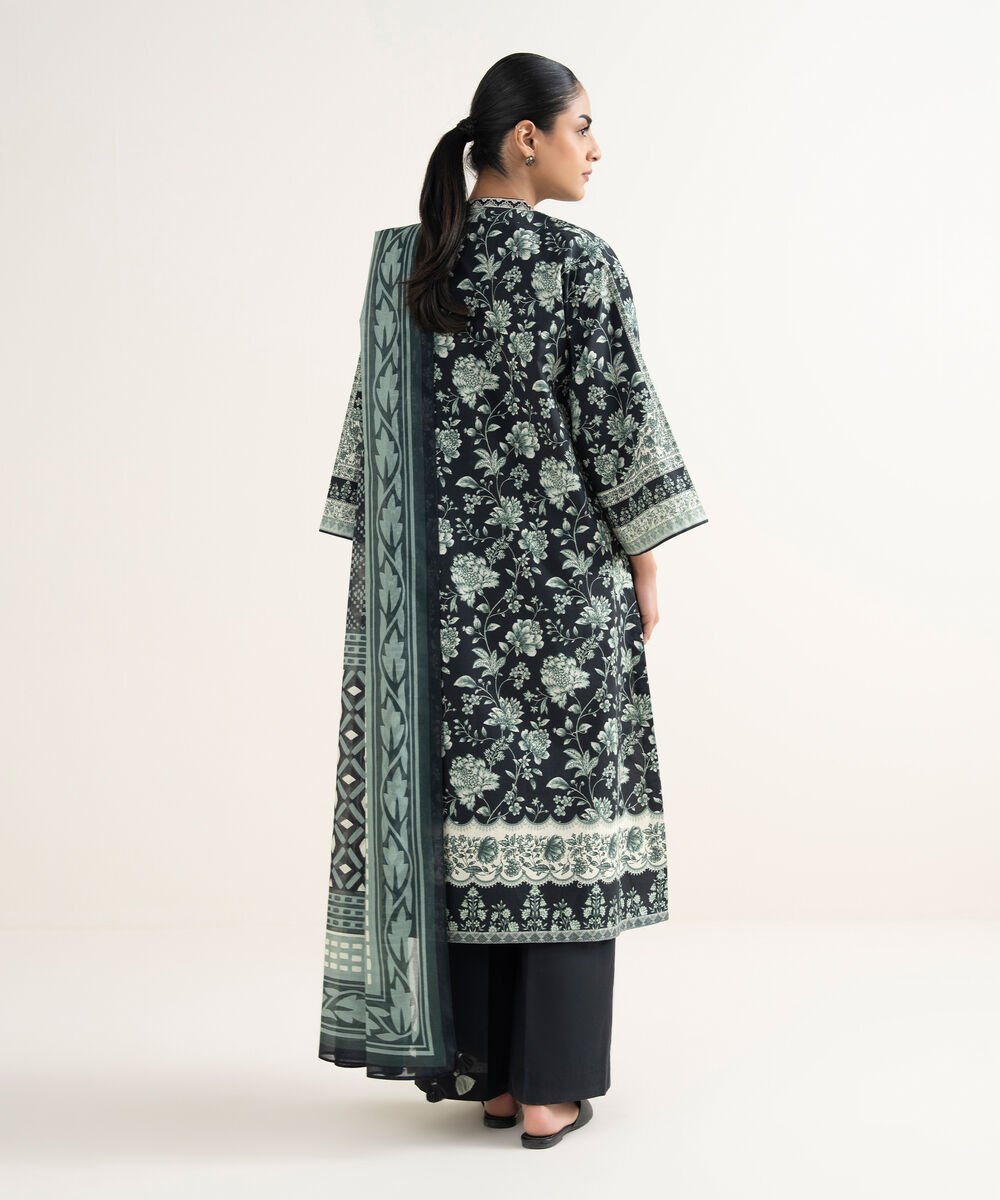 Women's Unstitched Cotton Printed Black 3 Piece Suit