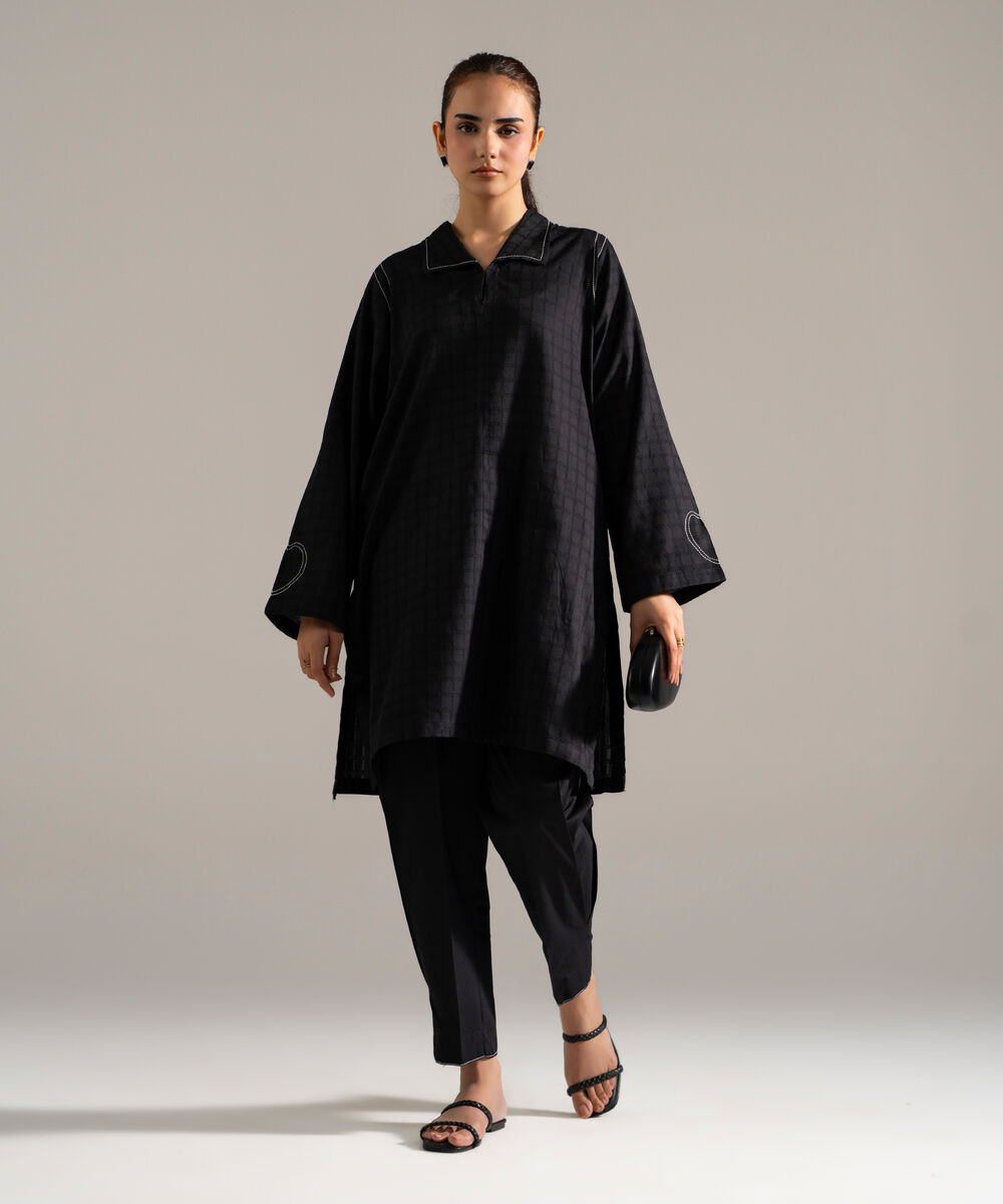 Women's RTW Dobby Printed Black Straight Shirt