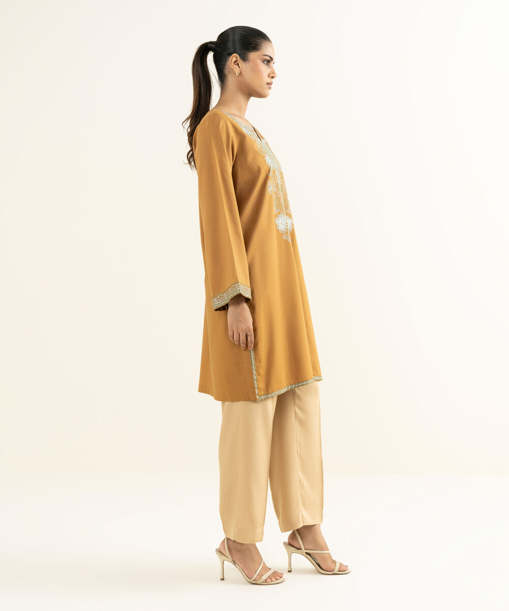 Women's RTW Linen Viscose Embroidered Mustard Straight Shirt