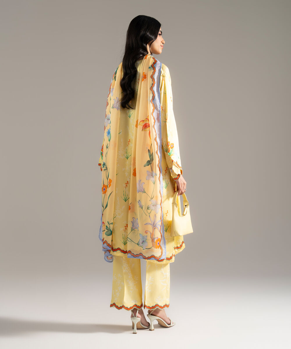 Women's RTW White Featheer Chamoz Printed Pale Yellow 3 Piece Suit