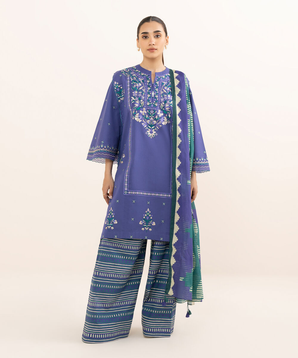 Women's Unstitched Textured Lawn Embroidered Blue 3 Piece Suit