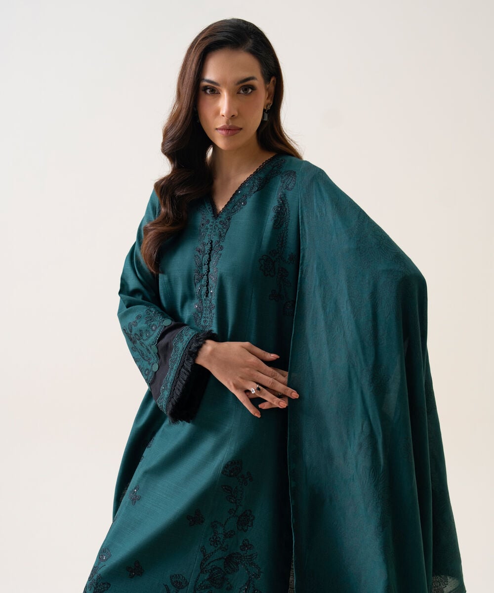 Women's Unstitched Light Khaddar Embroidered Teal 3 Piece Suit