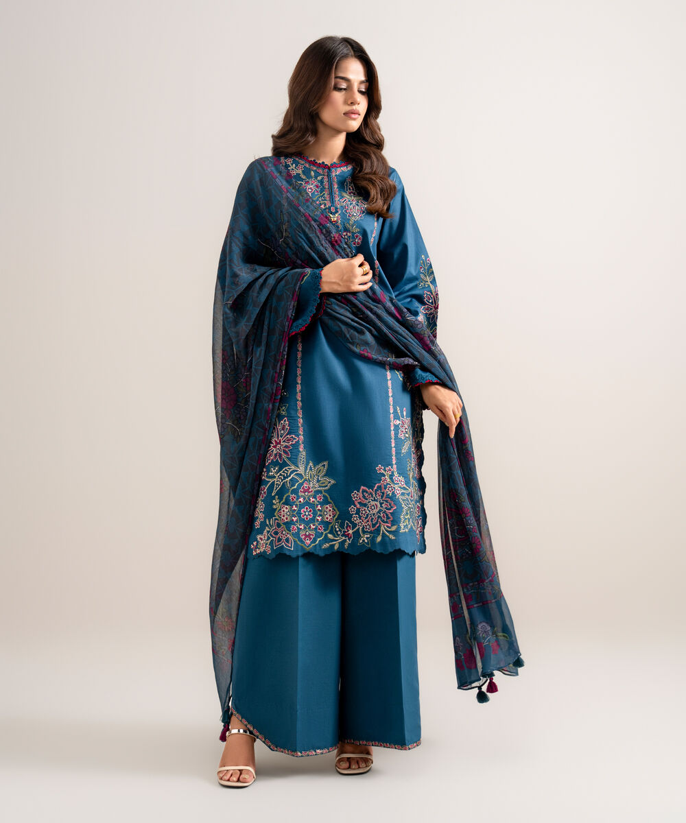 Women's Unstitched Embroidered Cotton Viscose Teal Blue 3 Piece Suit