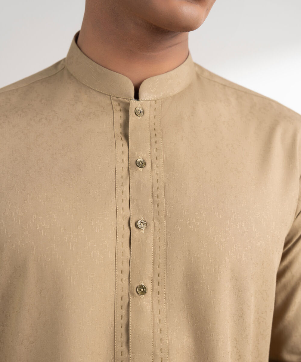 Men's Stitched Jacquard Khaki Kurta