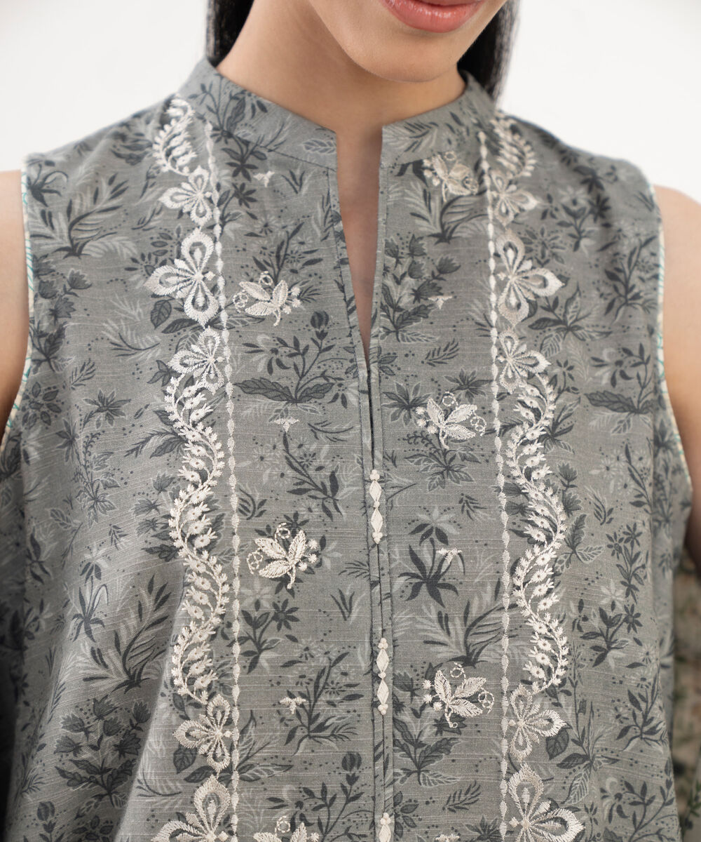 Women's Unstitched Cotton Embroidered Grey 2 Piece Suit