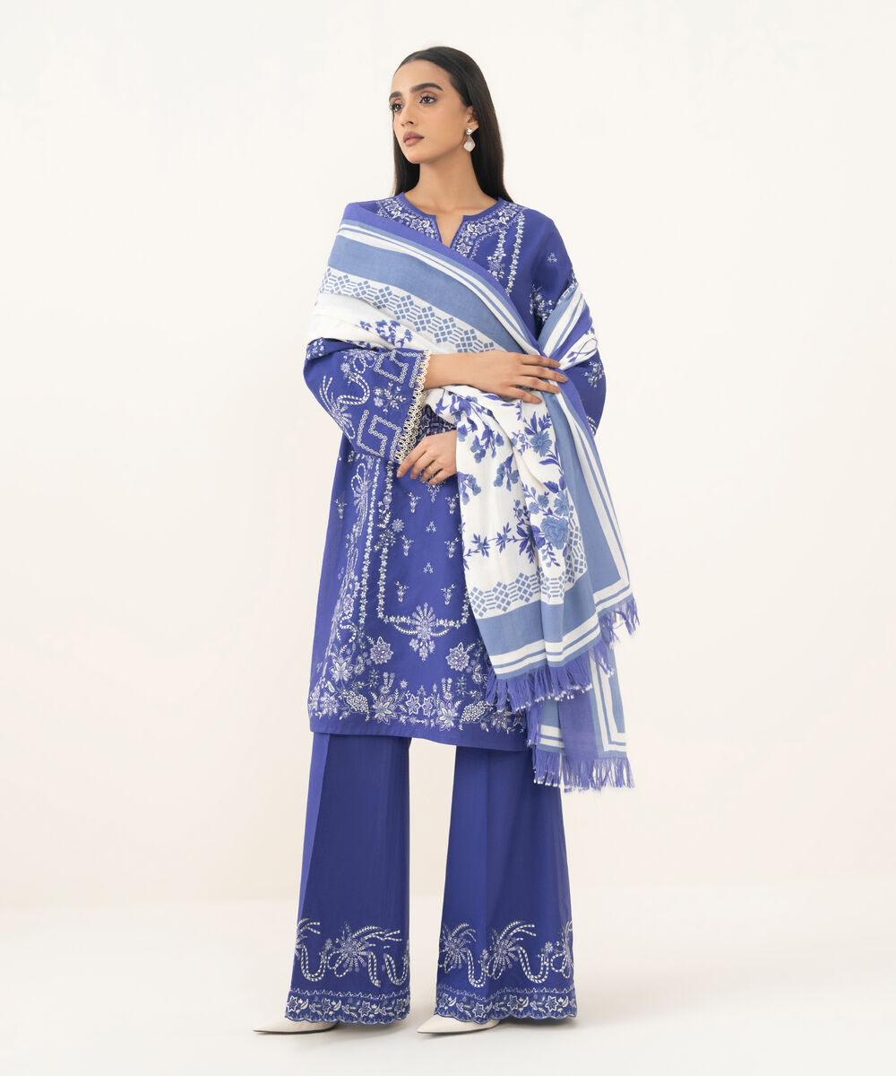 Women's Unstitched Embroidered Khaddar Blue 3 Piece Suit