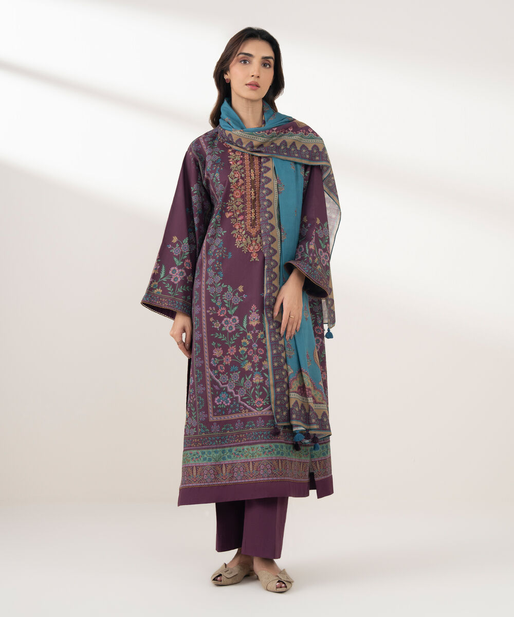 Women's Unstitched Lawn Printed Purple 3 Piece Suit