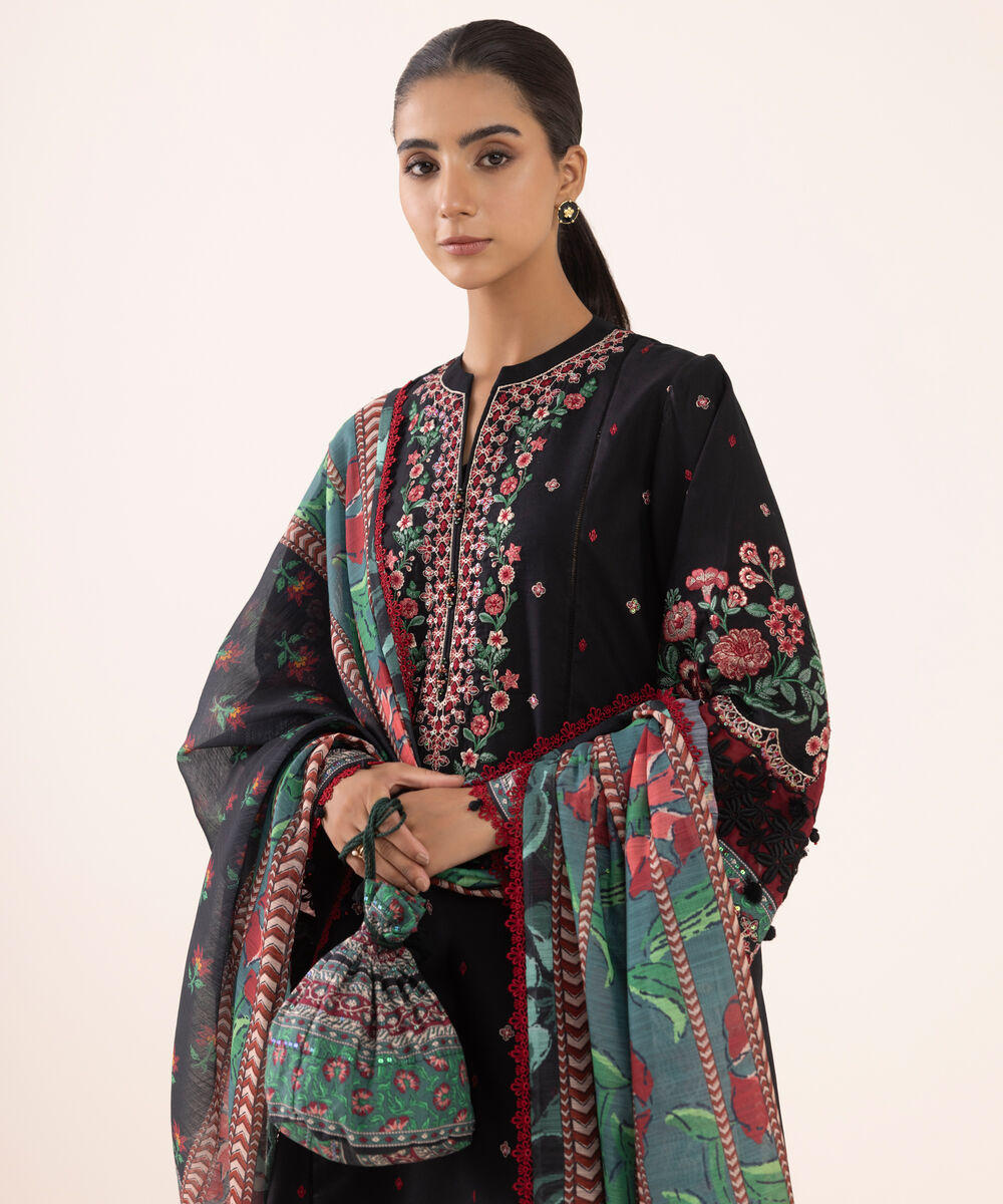 Women's Unstitched Light Cotton Satin Dyed Three Piece Suit