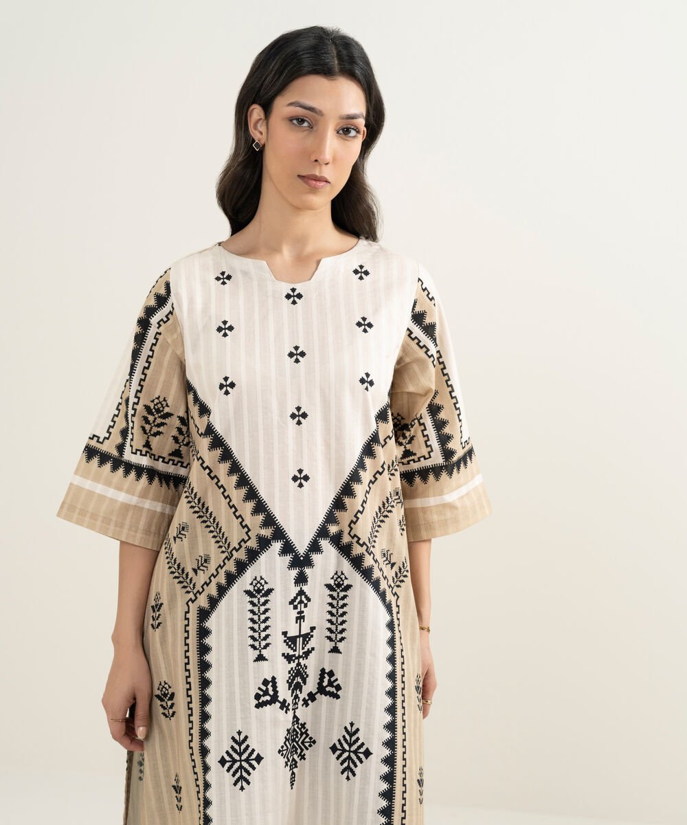 Women's RTW Textured Cotton Printed Beige A-Line Shirt