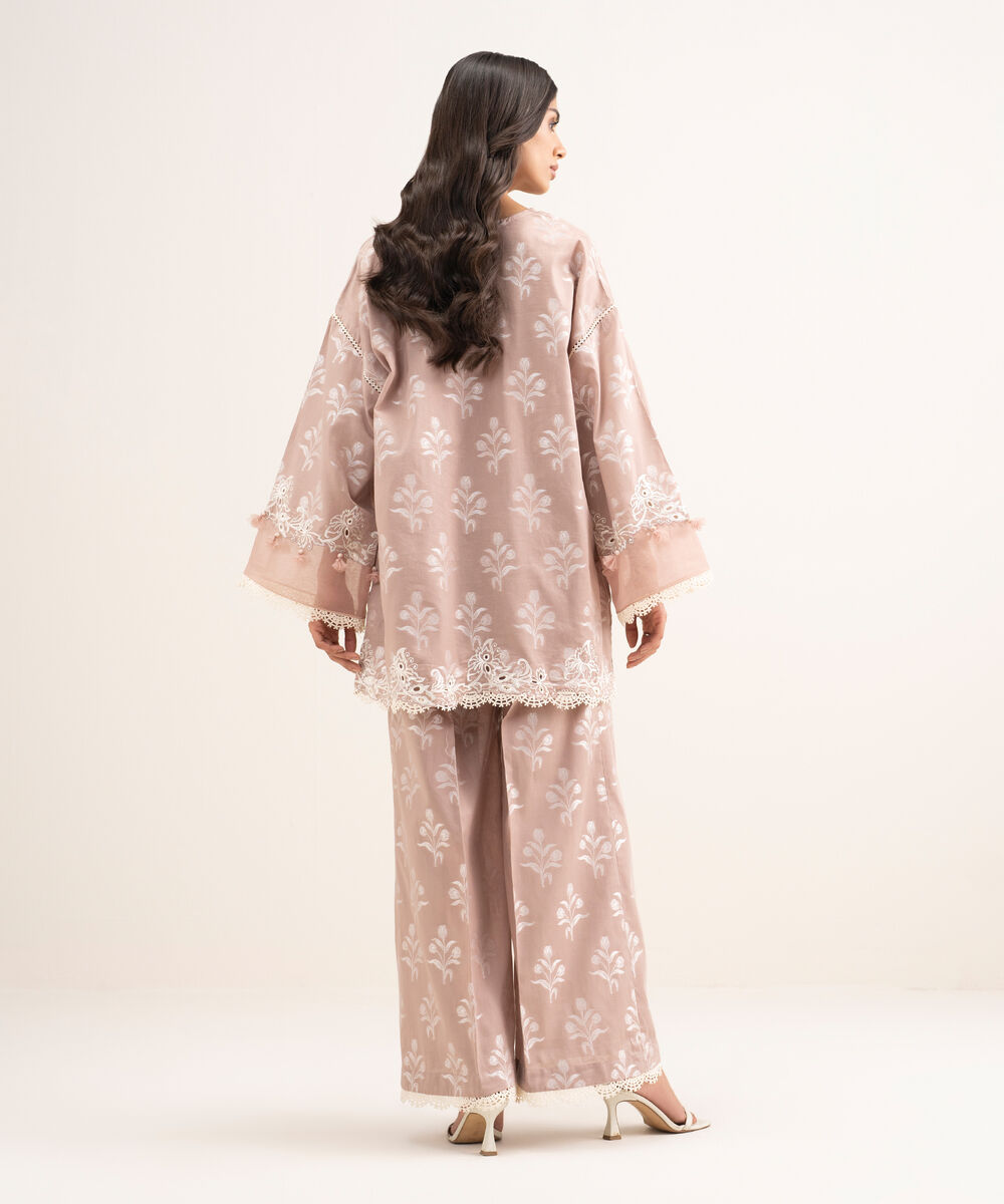 Women's RTW Self Jacquard Embroidered Beige 2 Piece Suit