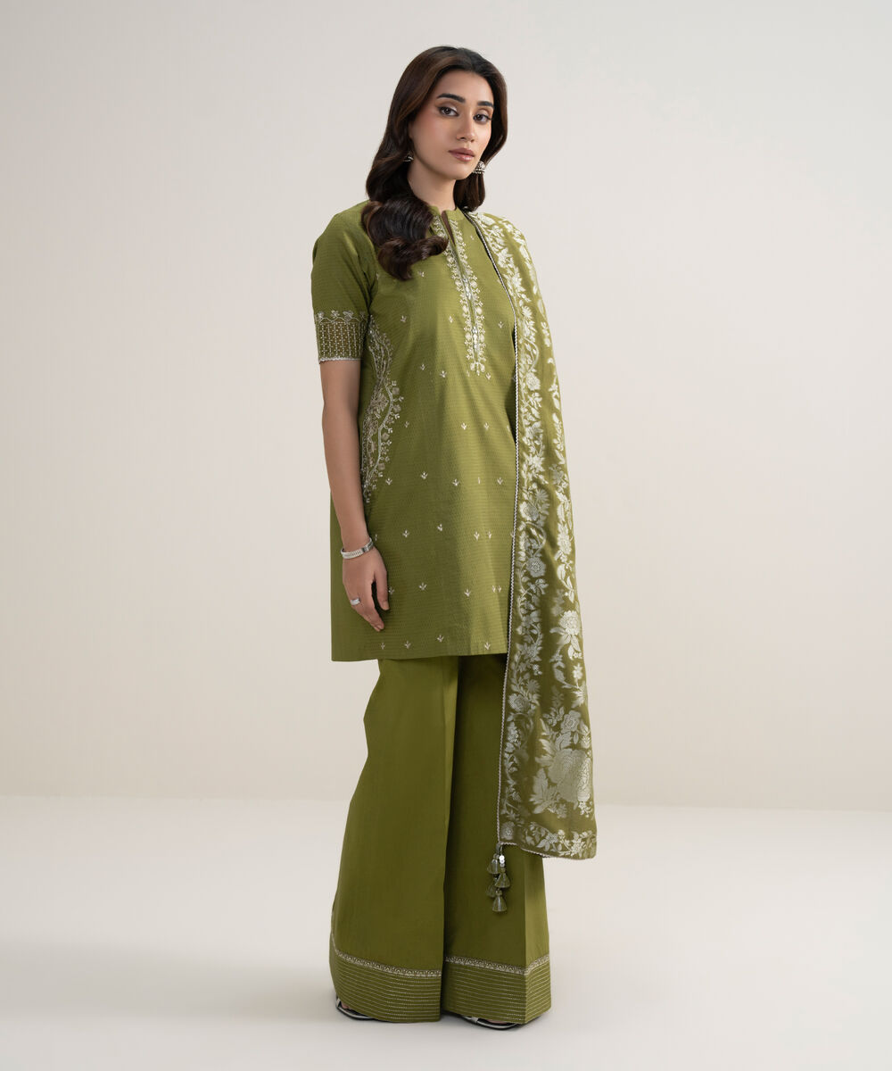 Women's Unstitched Dobby Embroidered Green 3 Piece Suit