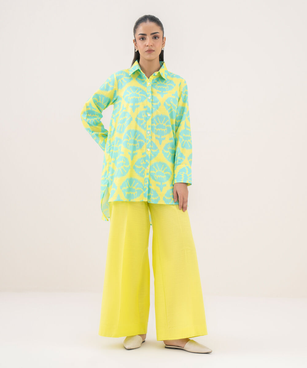 Women's RTW Light Khaddar Printed Button Down Lime Green Shirt