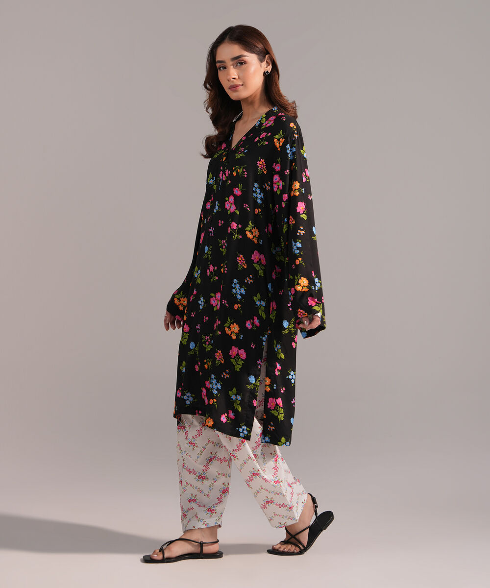 Women's RTW Arabic Lawn Printed Black Straight Shirt