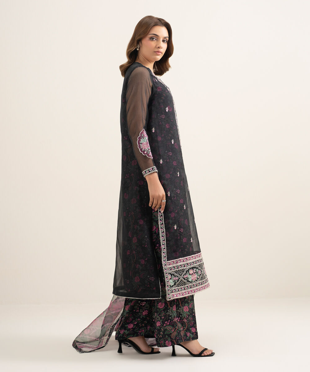 Women's RTW Blended Organza Embroidered Black 3 Piece Suit