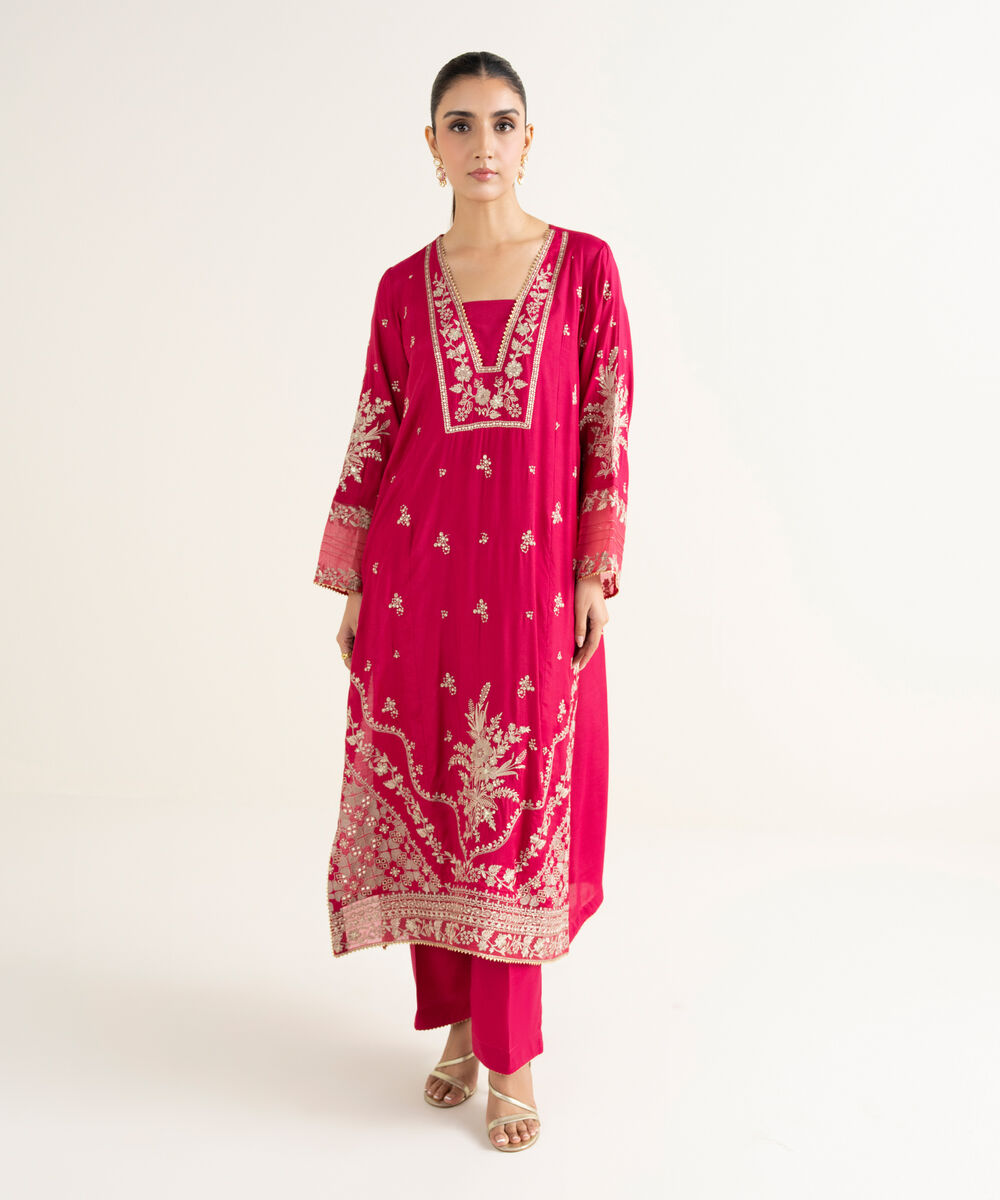 Women's RTW Viscose Raw Silk Embroidered Pink 2 Piece Suit