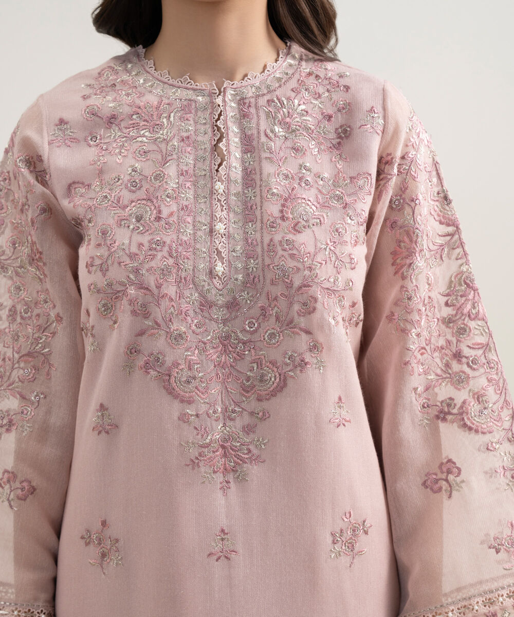 Women's Unstitched Blended Viscose Khaddi Net Embroidered Pink 3 Piece Suit