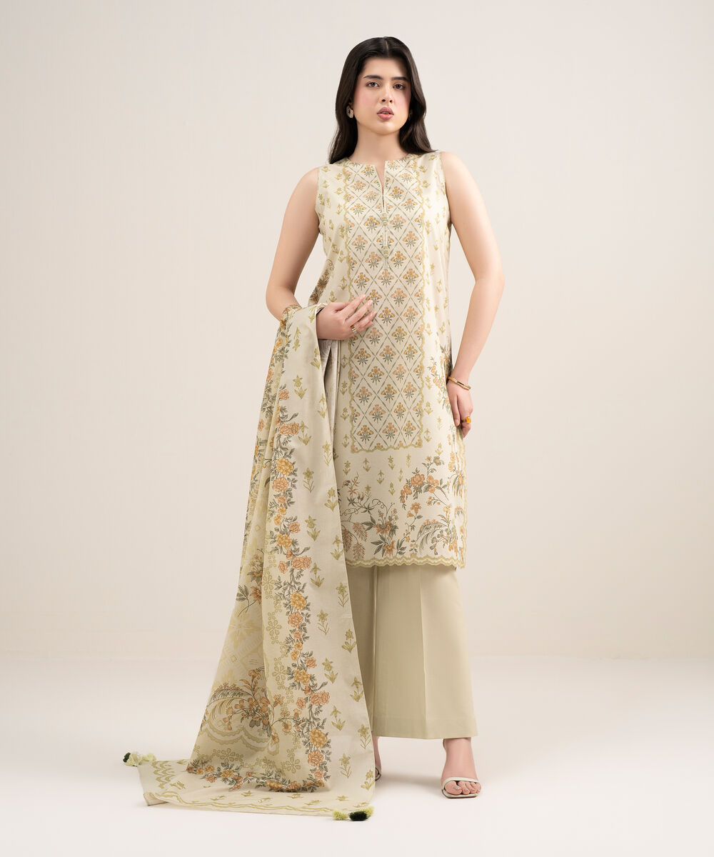 Women's Unstitched Zari Lawn Printed Beige 3 Piece Suit