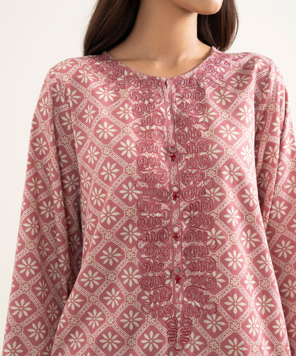 Women's RTW Lawn Embroidered Pink A-Line Shirt