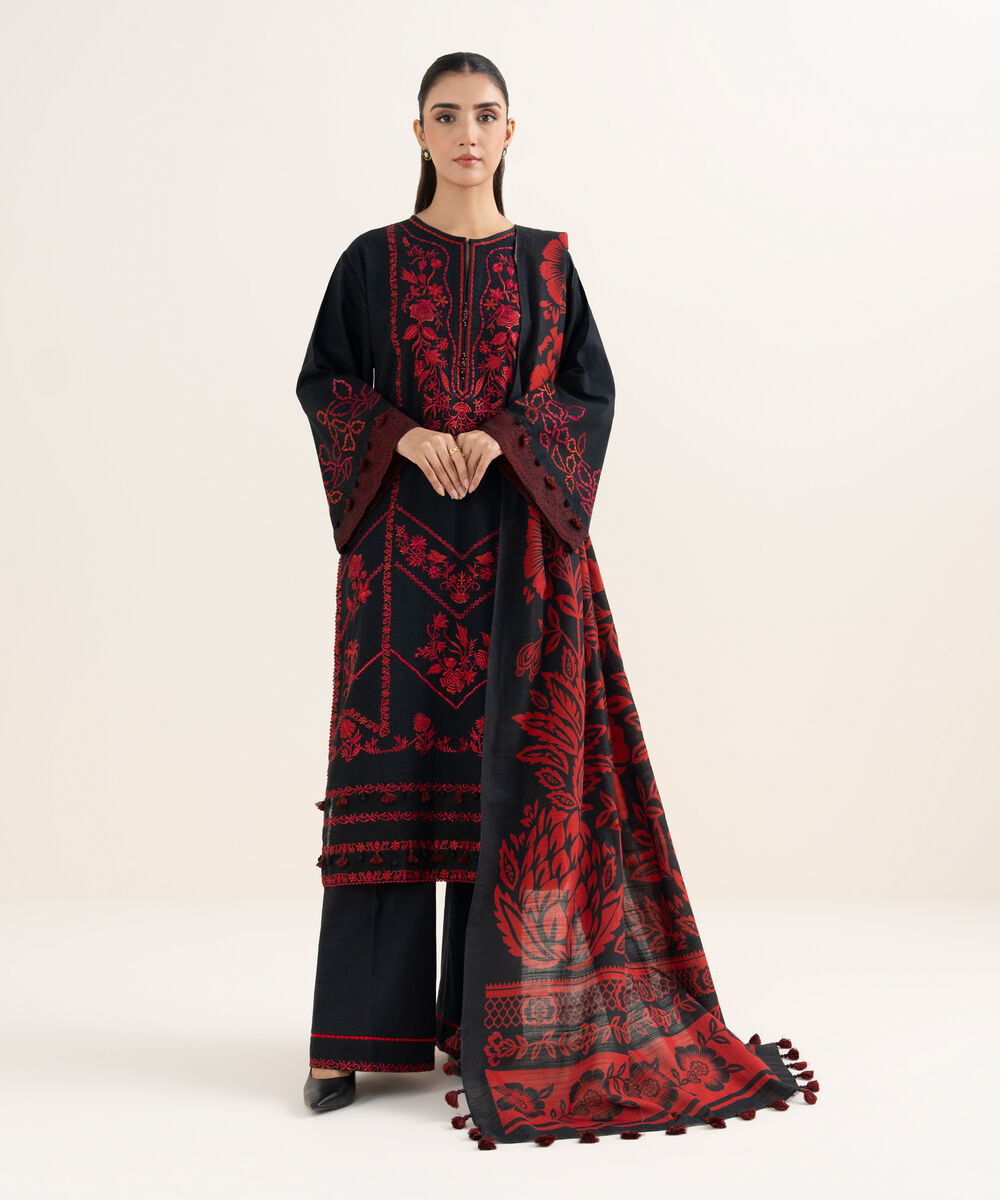 Women's Unstitched Embroidered Dobby Black & Red 3 Piece Suit