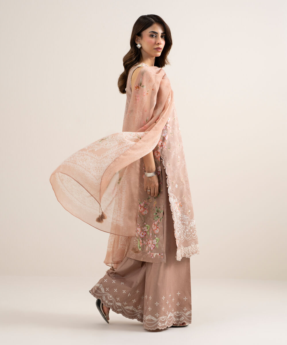 Women's Unstitched Dobby Embroidered Beige 3 Piece Suit