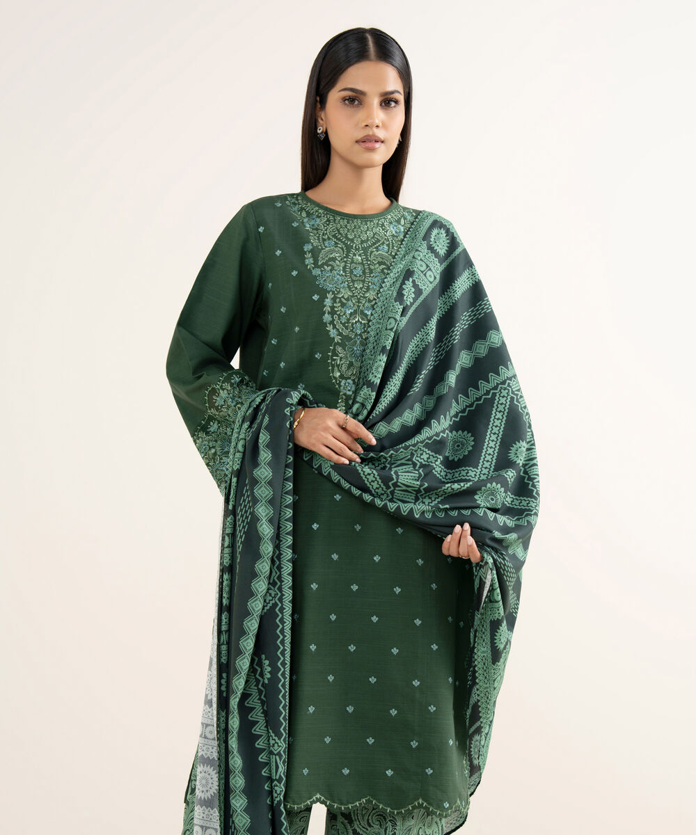 Women's Unstitched Light Khaddar Embroidered Green 3 Piece Suit