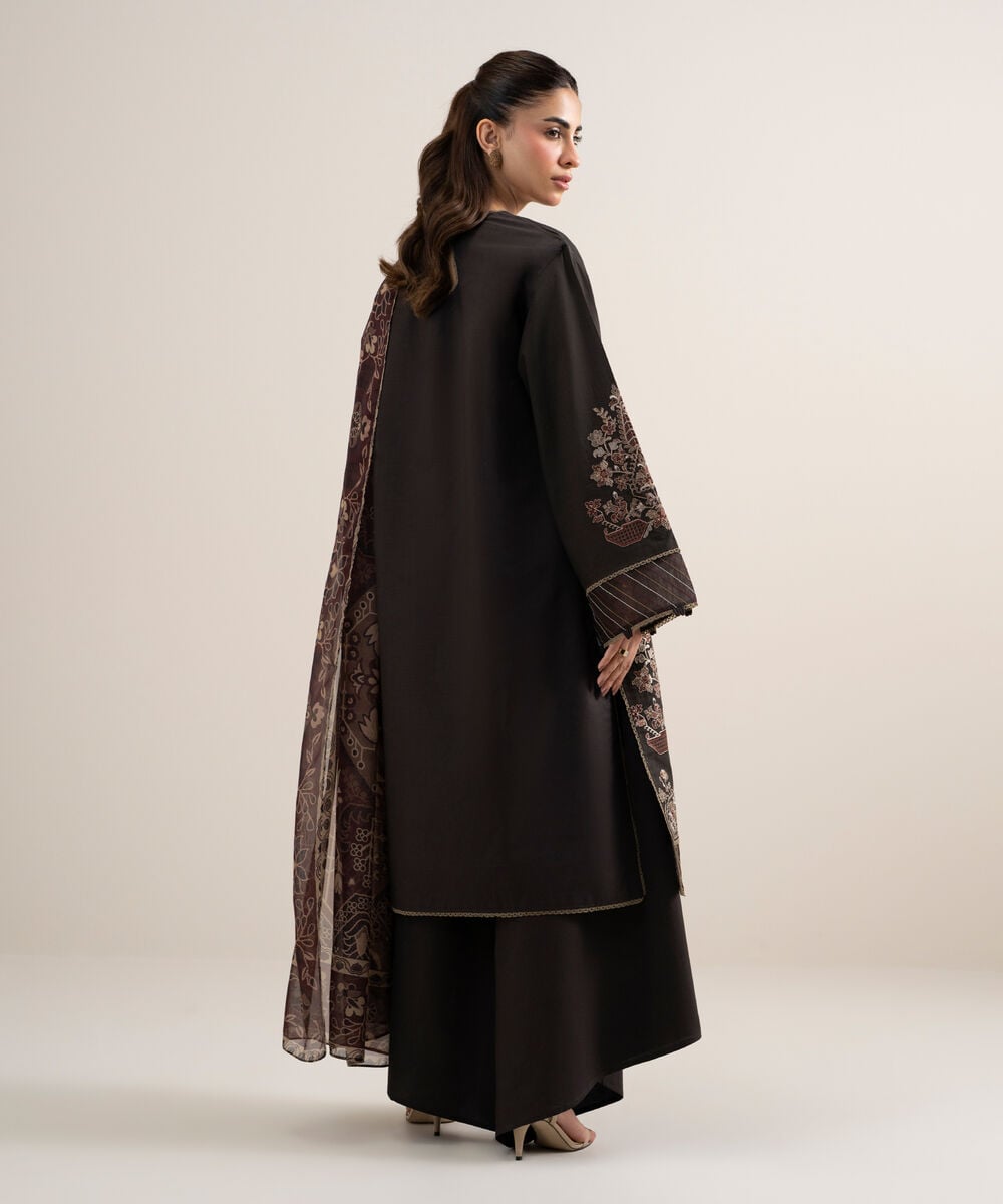 Women's Unstitched Textured Lawn Embroidered Brown 3 Piece Suit