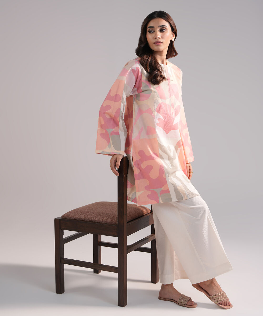 Women's RTW Seersucker Printed Pink 2 Piece Suit