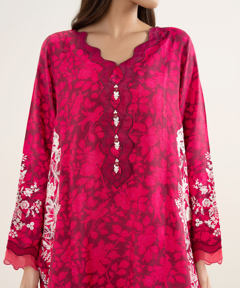 Women's RTW Viscose Raw Silk Embroidered Pink Straight Shirt