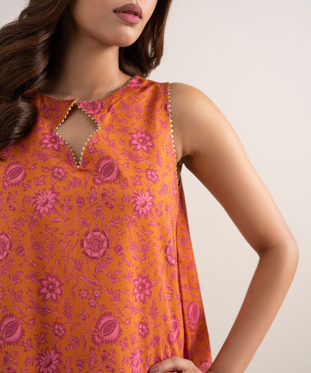 Women's Unstitched Lawn Printed Peach 3 Piece Suit