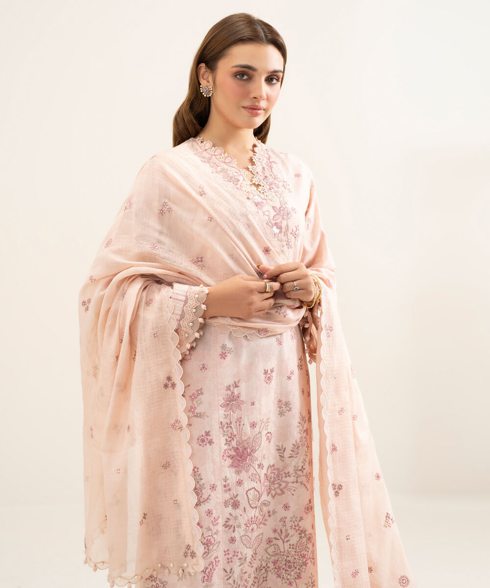 Women's Unstitched Cotton Jacquard Embroidered Pink 3 Piece Suit
