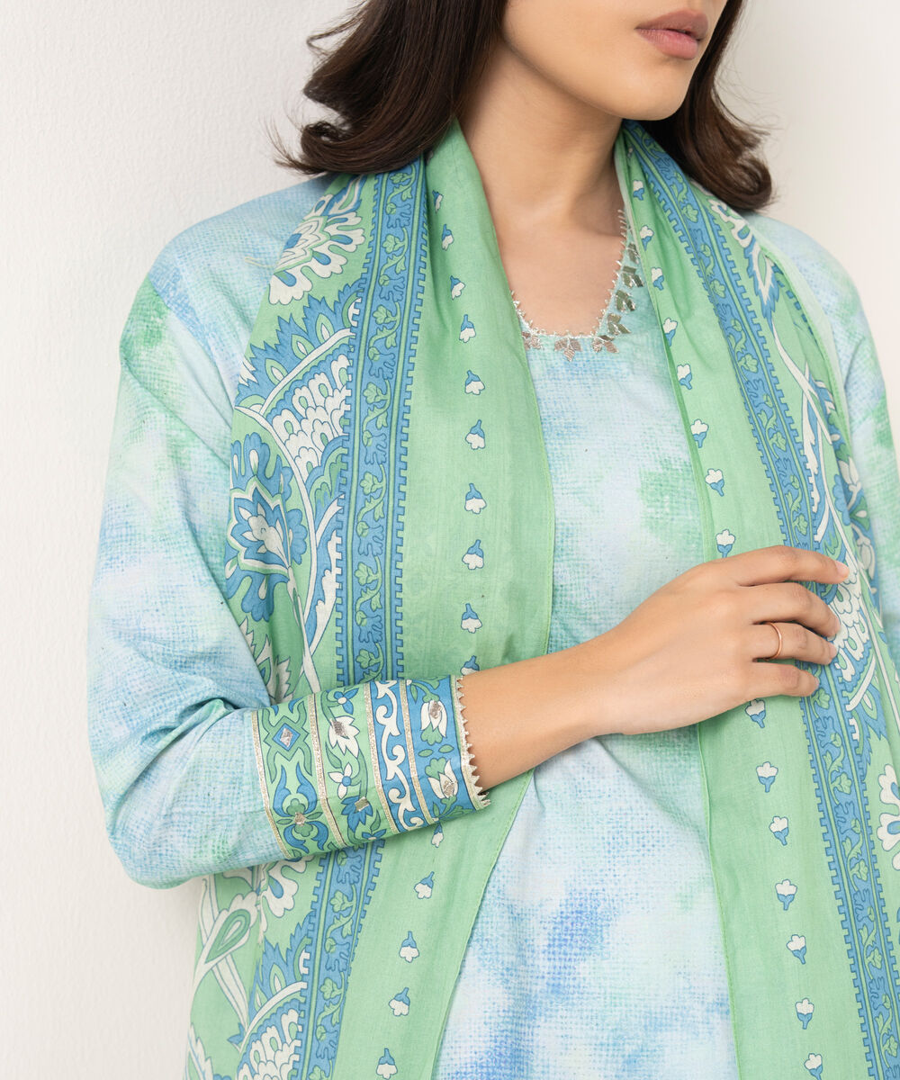 Women's Unstitched Textured Lawn Embroidered Blue 3 Piece Suit