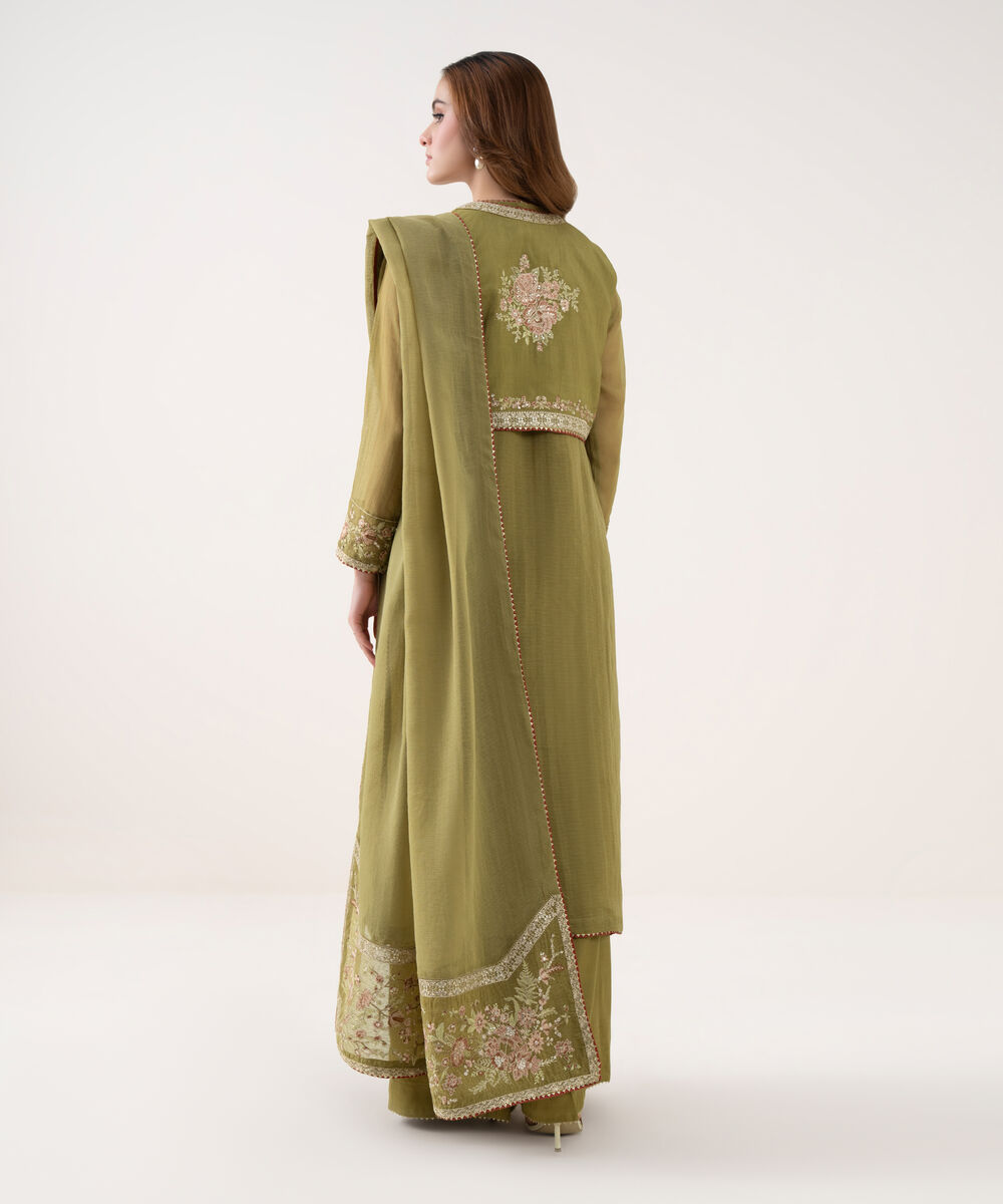 Women's RTW Blended Karandi Embroidered Olive Green 3 Piece Suit