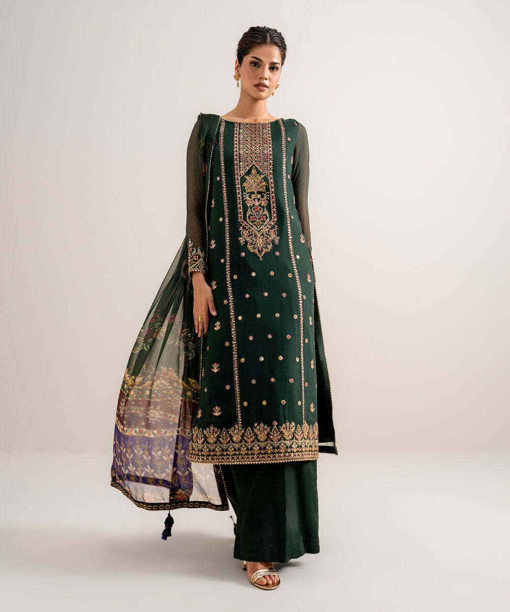 Women's Unstitched Embroidered Blended Chiffon Green 3 Piece Suit