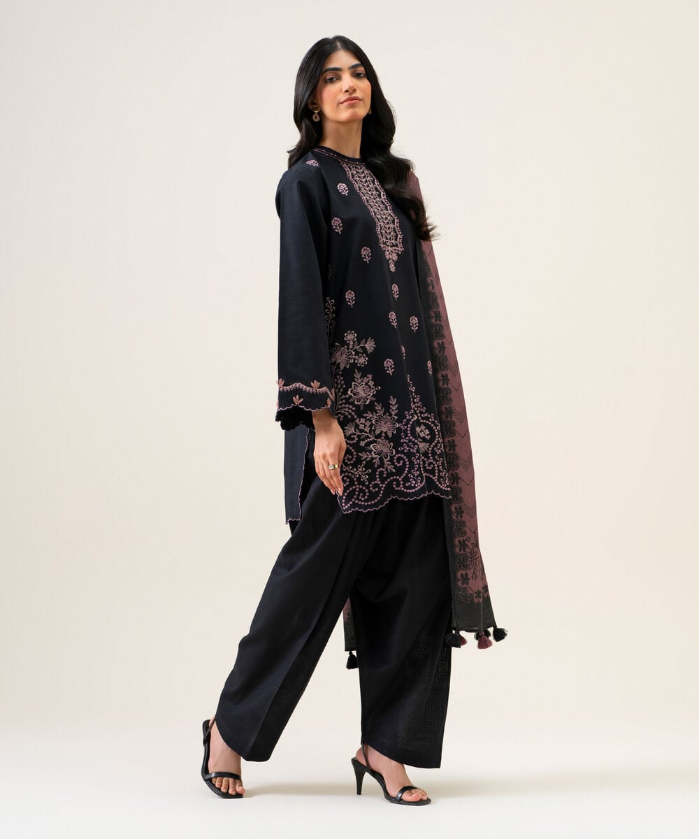 Womens Unstitched Light Khaddar Embroidered Black 3 Piece Suit