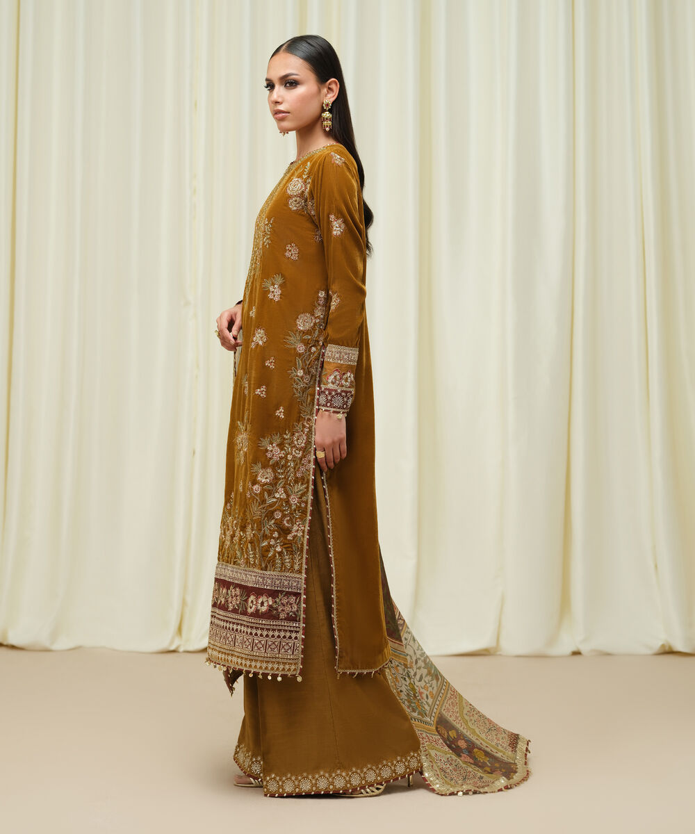 Women's Unstitched Velvet Embroidered Brown 3 Piece Suit