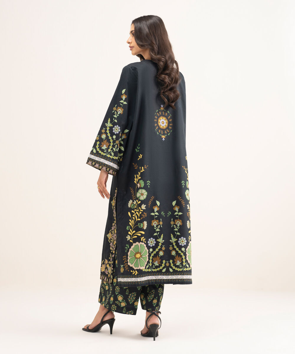 Women's RTW Cotton Satin Embroidered Black A-Line Shirt