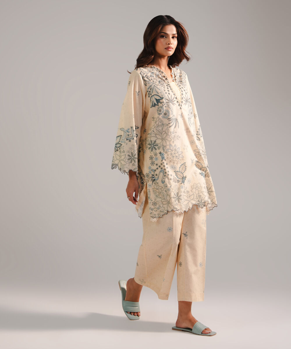 Women's RTW Lawn Embroidered Off White 2 Piece Suit