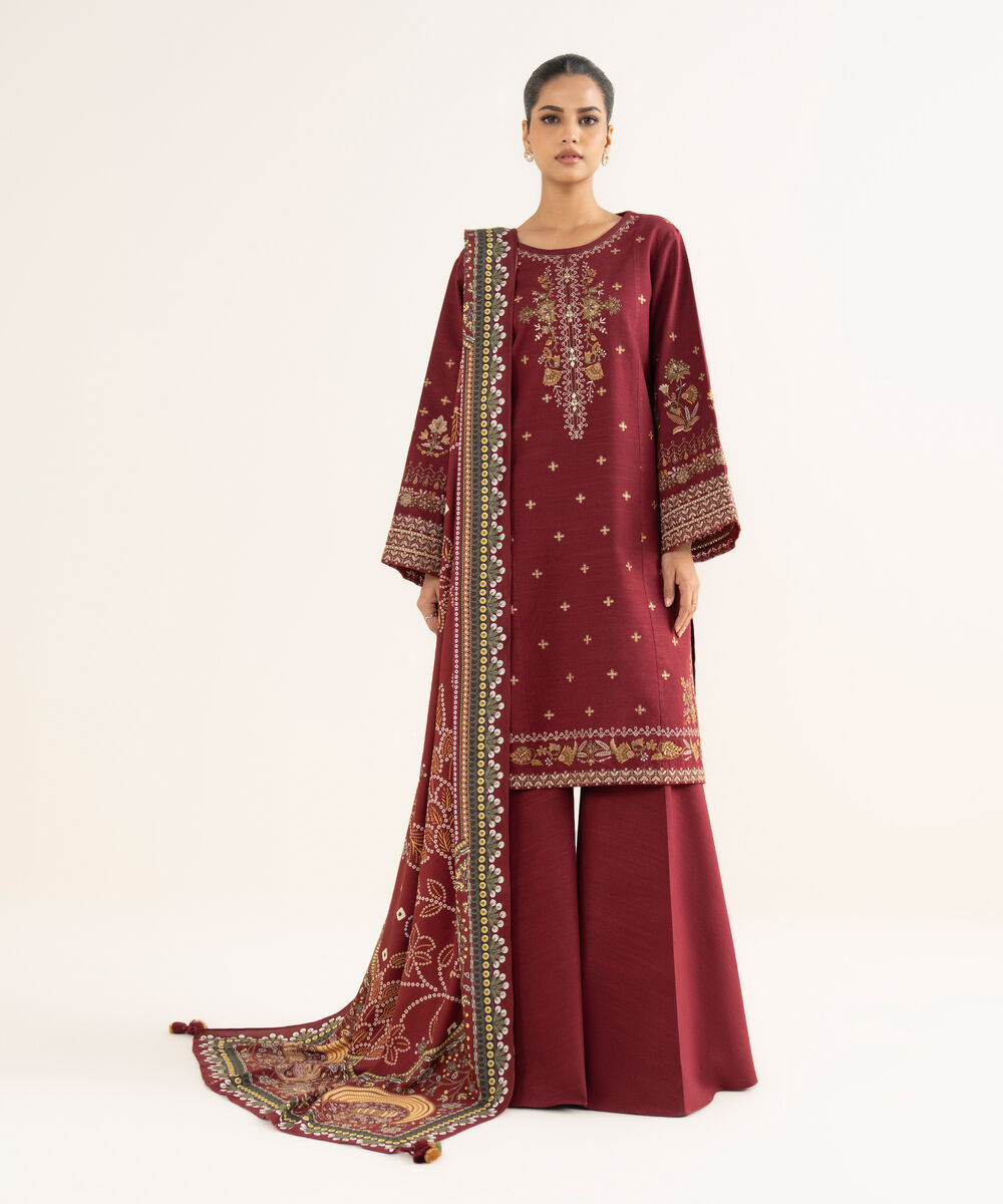 Women's Unstitched Light Khaddar Embroidered Red 3 Piece Suit