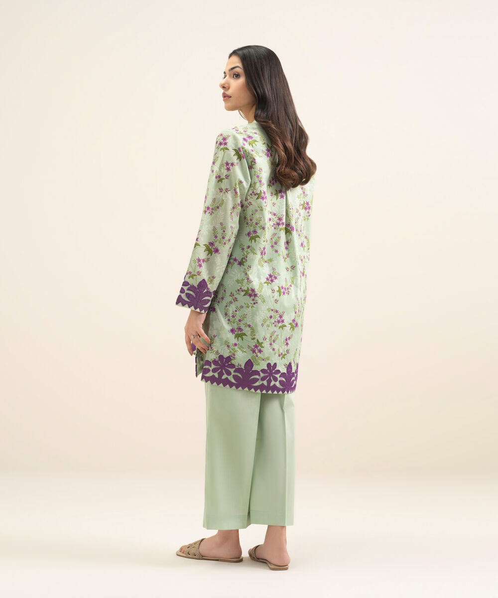 Women's RTW Slub Lawn Embroidered Green Straight Shirt