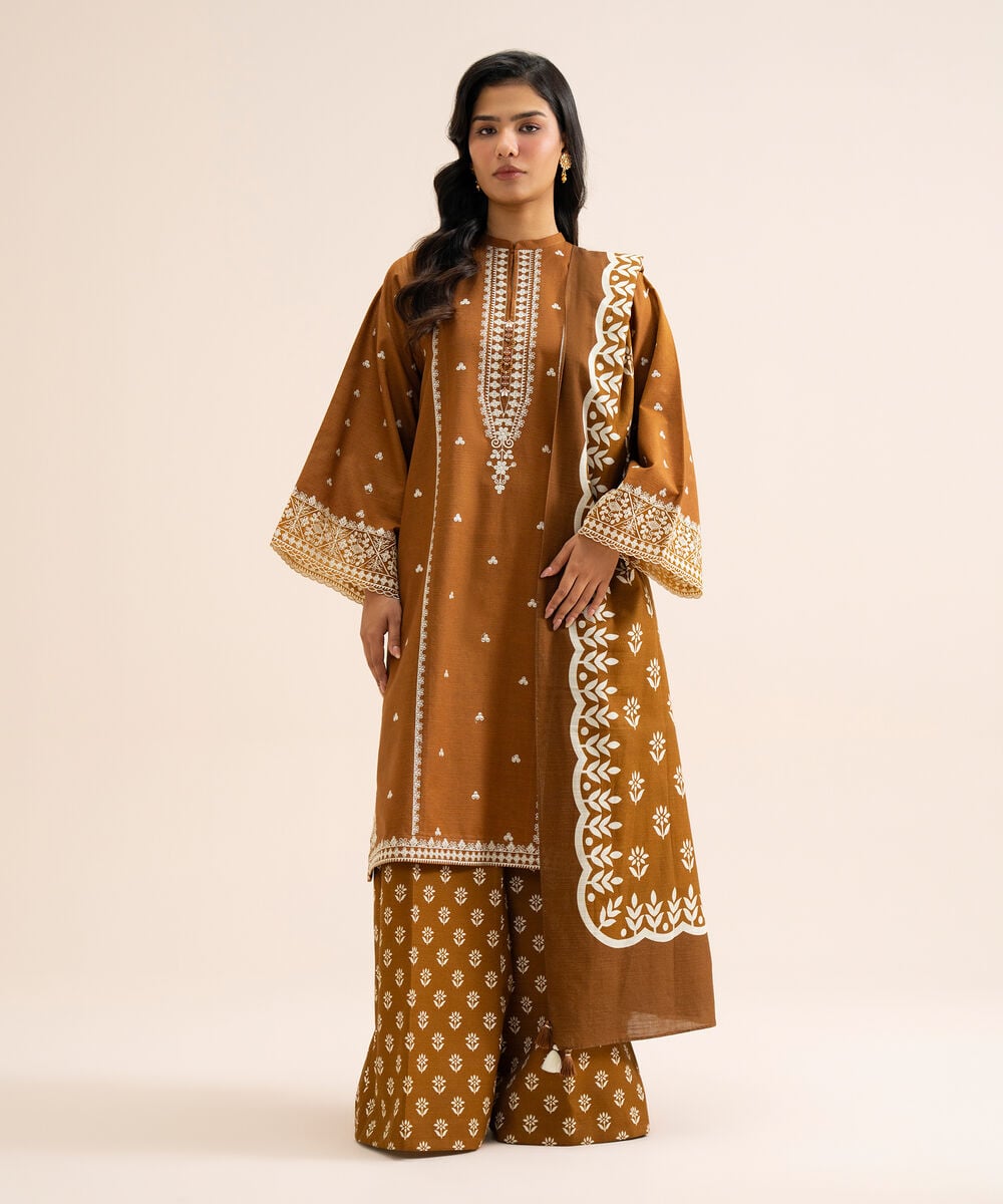 Women's Unstitched Light Khaddar Embroidered Brown 3 Piece Suit