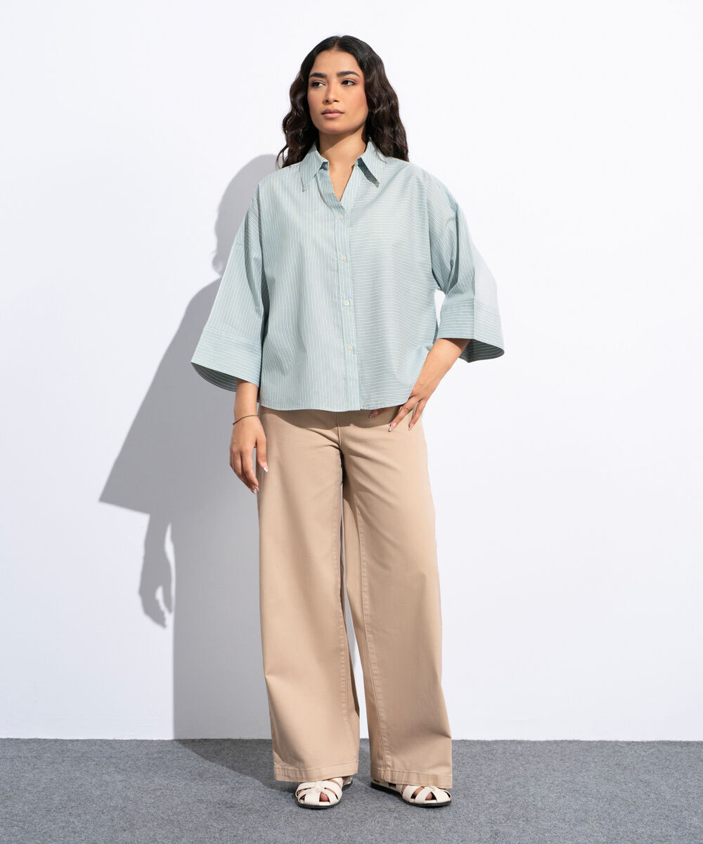 Women's Multi Striped Poplin V-Neck Shirt