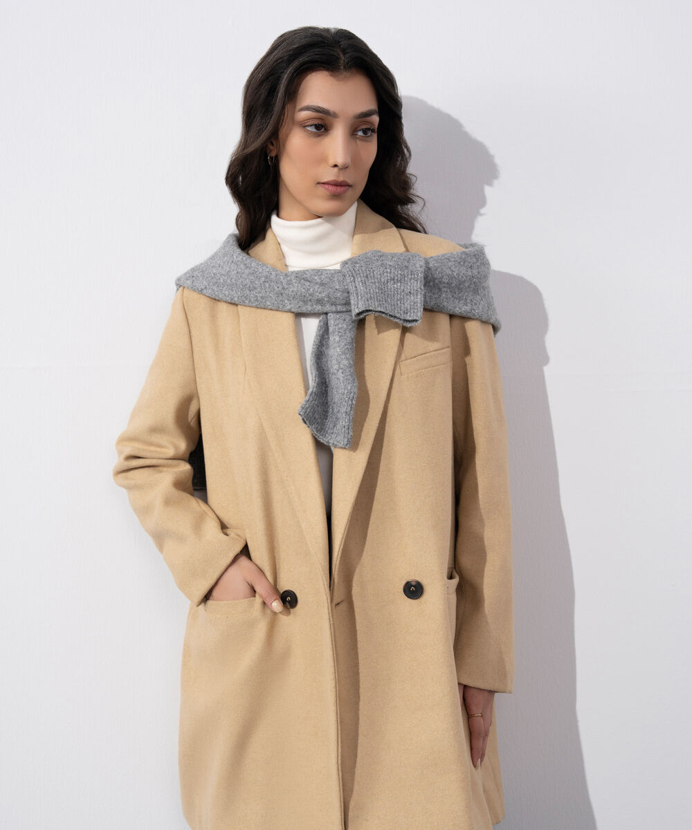 Women's Western Wear Beige Double Breasted Coat