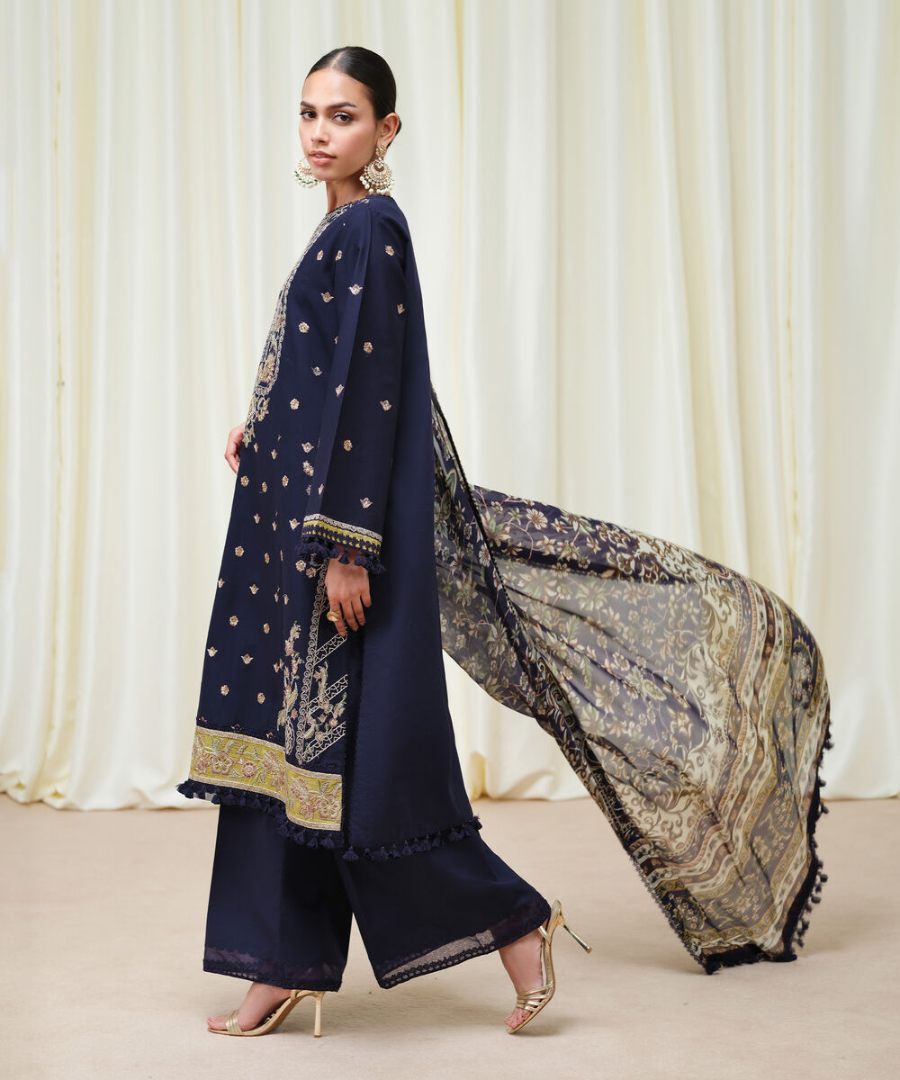 Women's Unstitched Fine Cotton Satin Embroidered Blue 3 Piece Suit