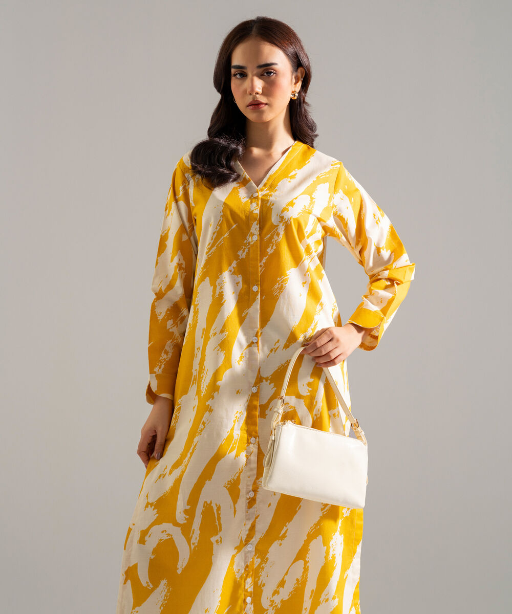 Women's RTW Slub Lawn Printed Yellow Straight Shirt