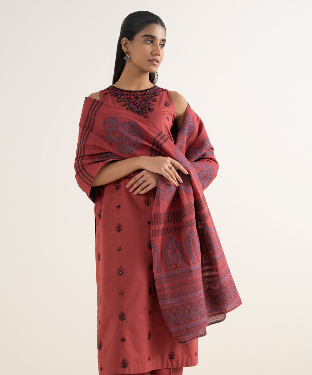Women's Unstitched Cotton Embroidered Red 3 Piece Suit