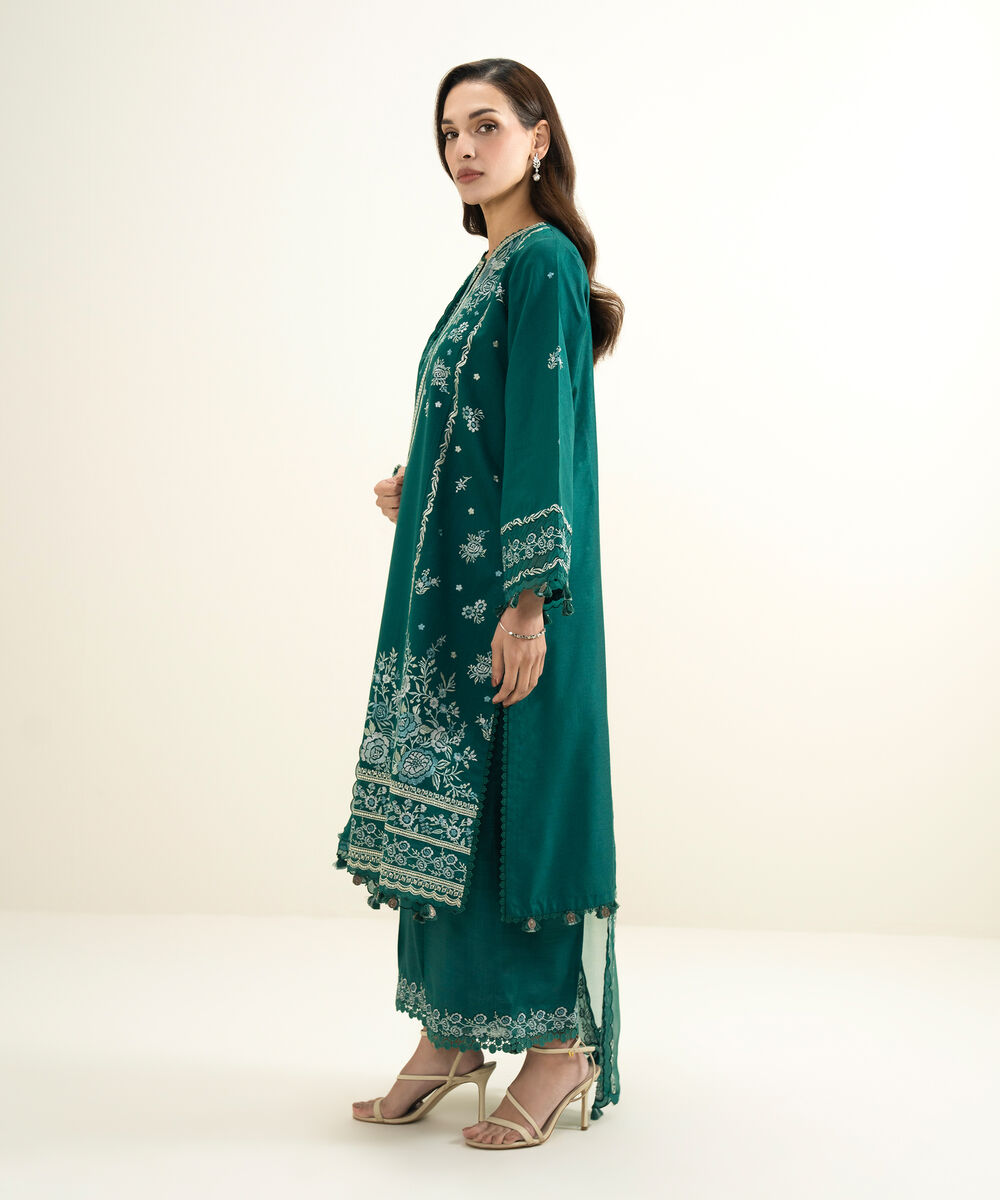 Women's Unstitched Cotton Net Embroidered Green 3 Piece Suit