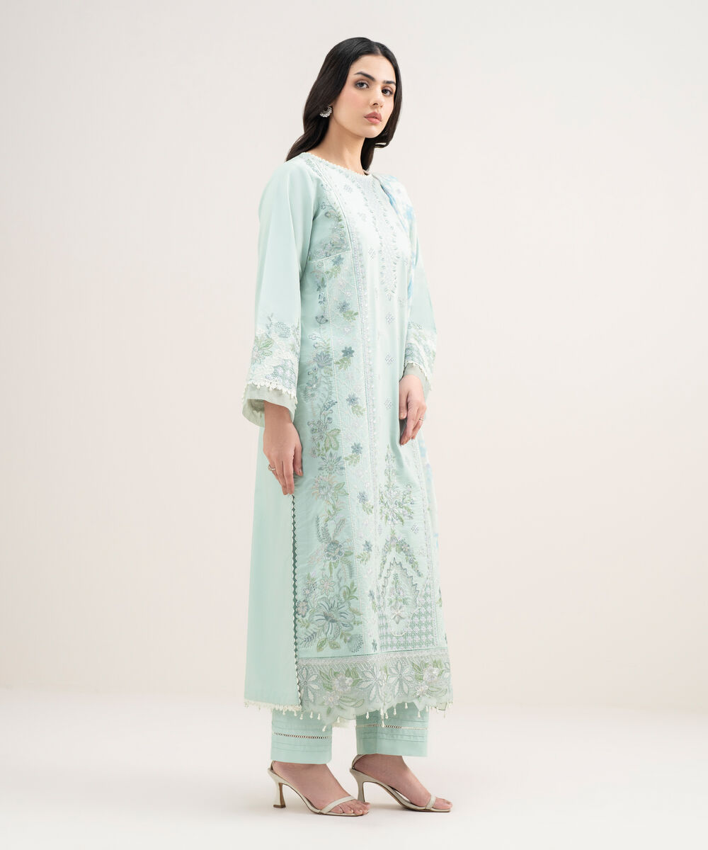 Women's Unstitched Lawn Embroidered Aqua 3 Piece Suit
