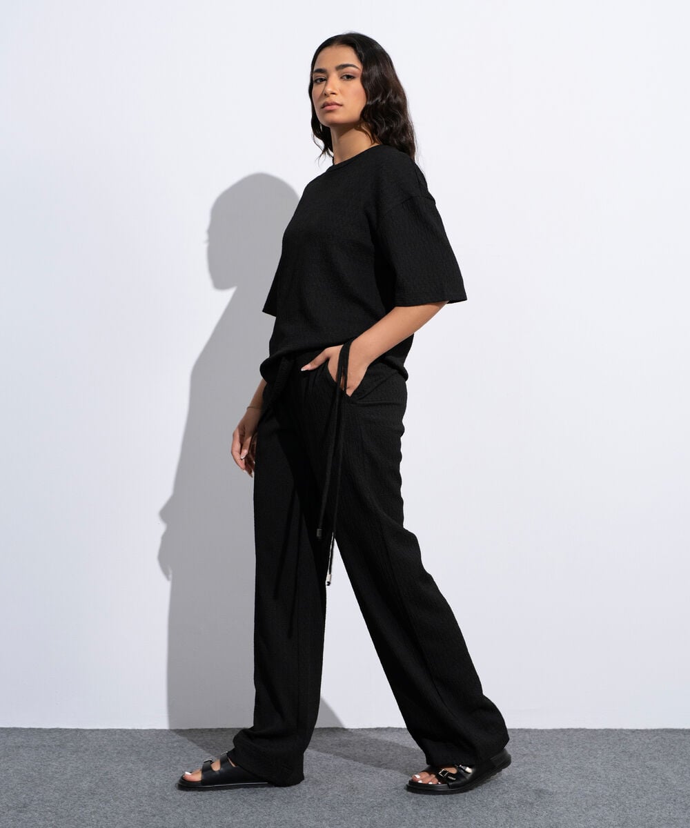 Women's Black Pull-On  Textured Trousers With Tie Detail