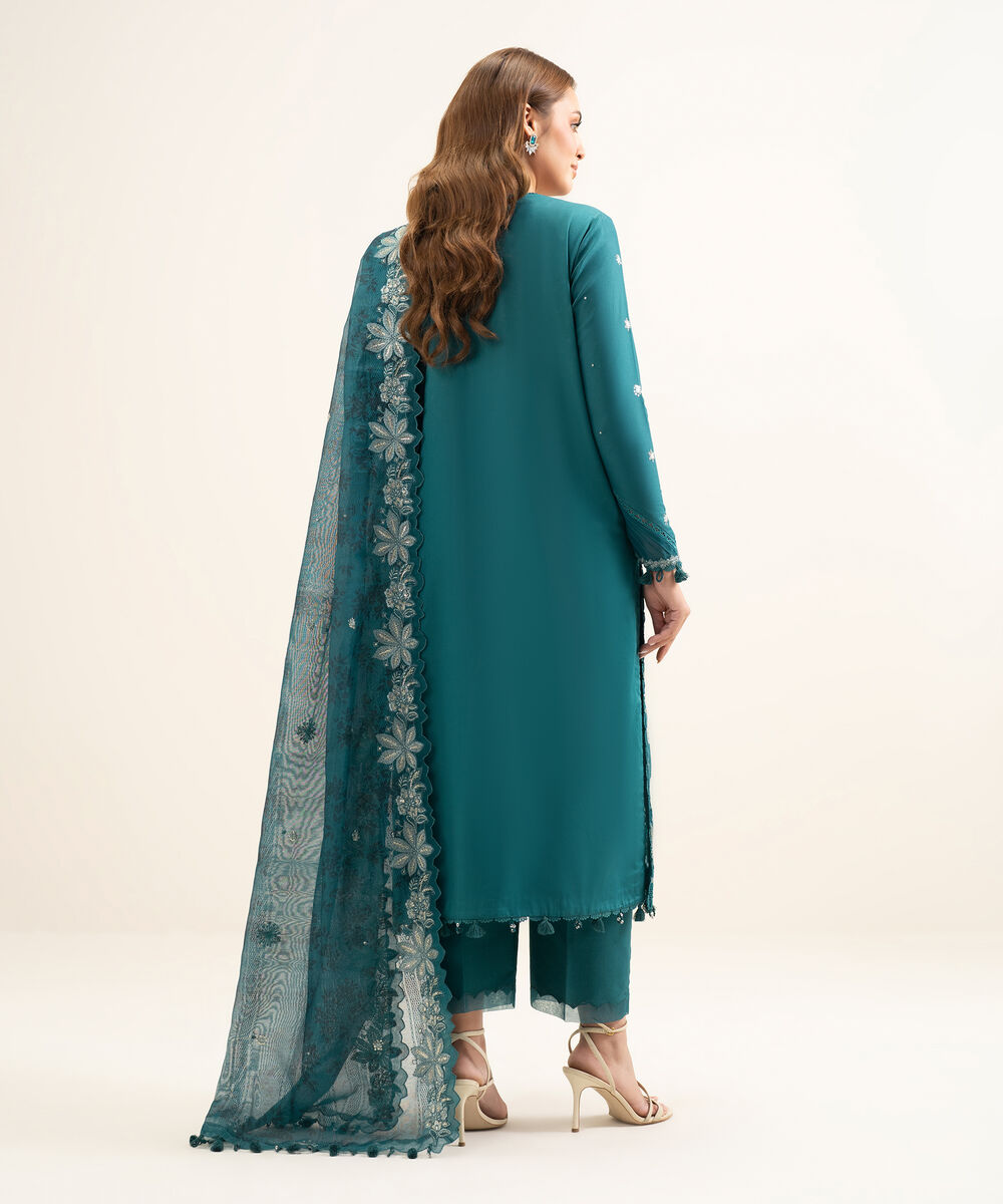 Women's Unstitched Fine Cotton Satin Embroidered Green 3 Piece Suit