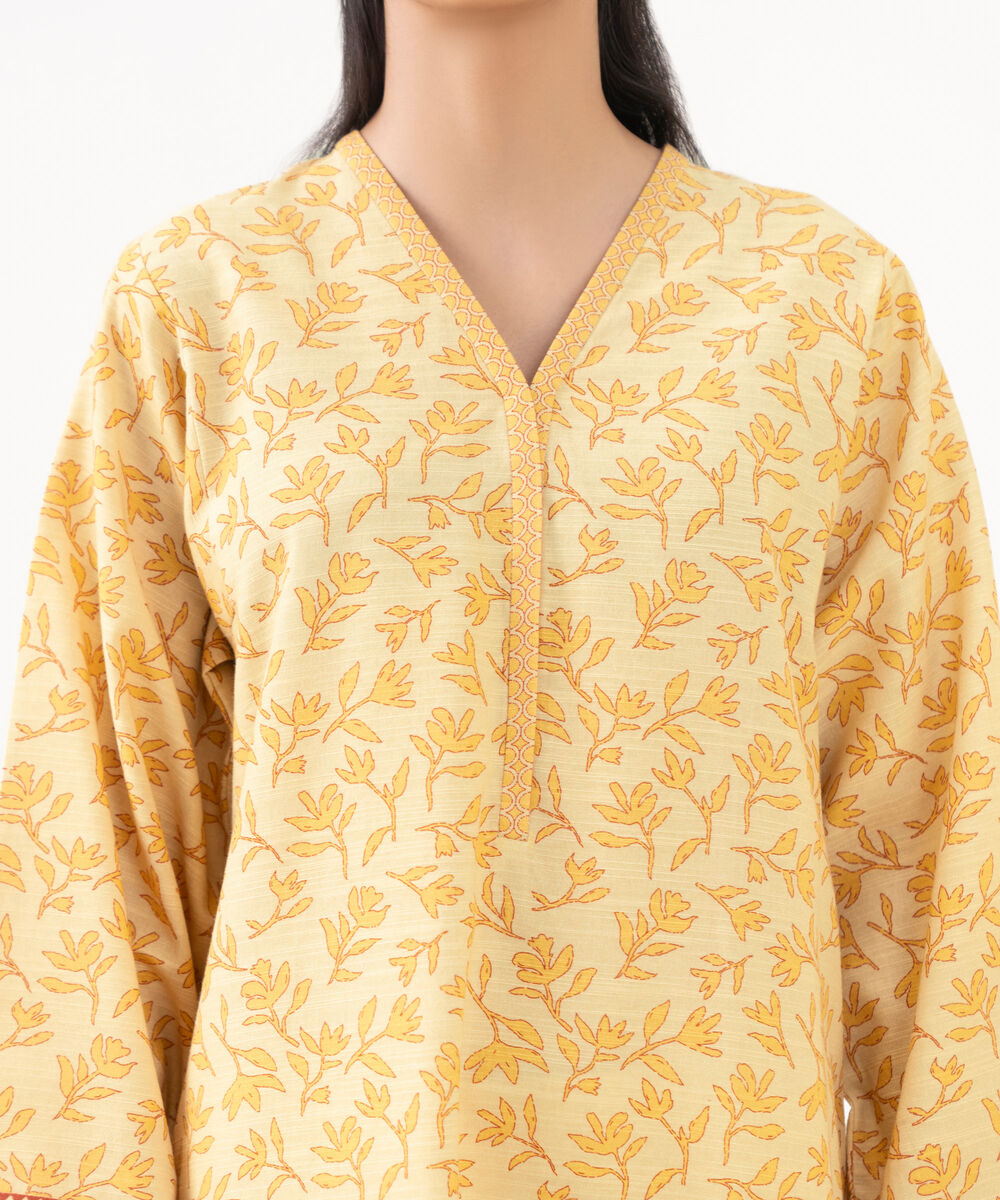 Women's Unstitched Cotton Printed Yellow 2 Piece Suit